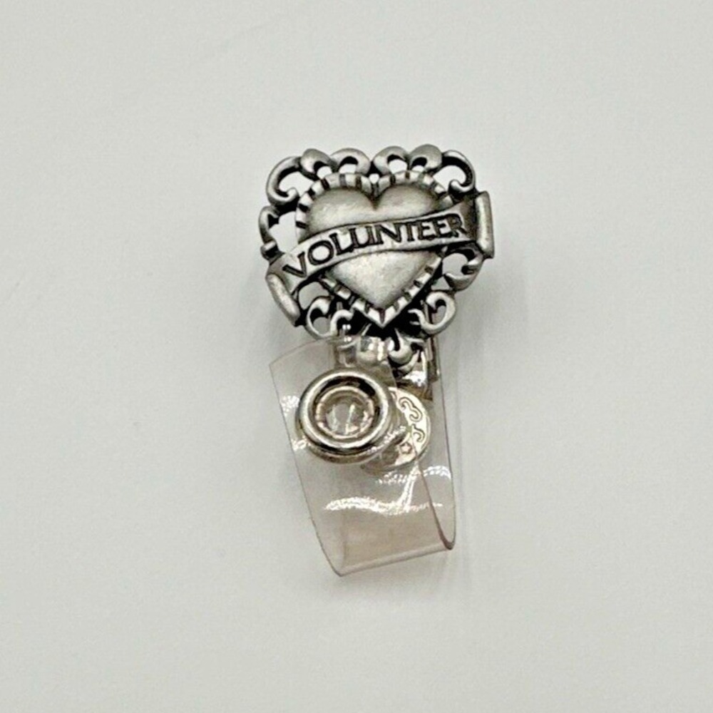 Volunteer Badge Reel Heart Scrollwork Retractable ID‎ Holder Silver Tone